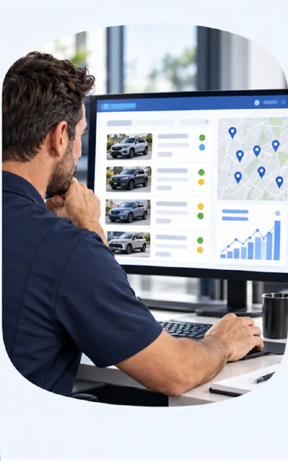 A team member reviews available commercial fleet units on a desktop dashboard showing vehicle cards and a location map.