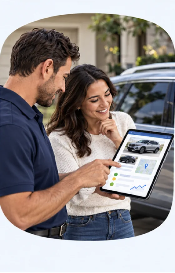 A team member reviews vehicle details and consignment terms on a tablet with a fleet representative.