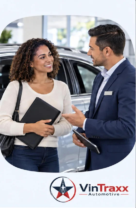 A dealership team member and a customer complete the financing paperwork together.