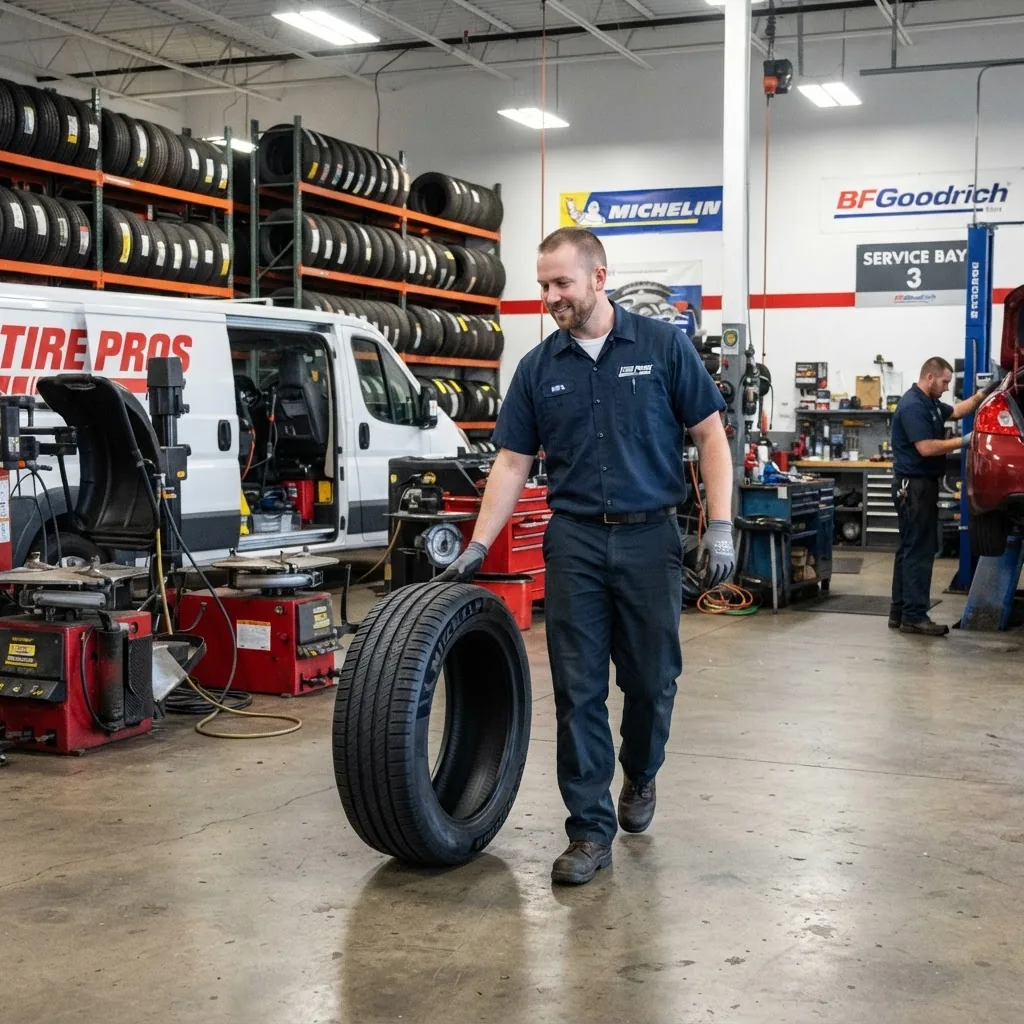 Technician rolling a tire inside a modern tire shop service bay