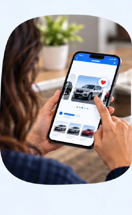 Close-up of a shopper reviewing vehicle details and saving a listing on a phone.