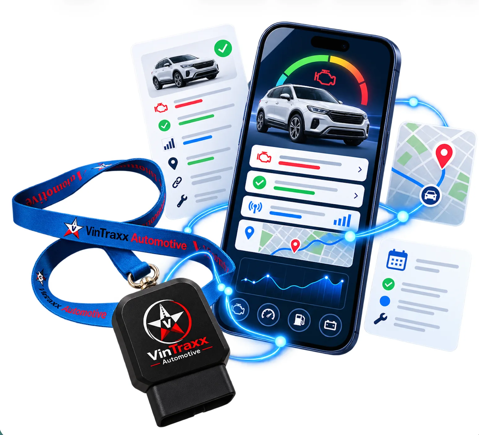 VinTraxx SmartScan connected vehicle platform showing the branded OBD scanner, mobile diagnostics dashboard, GPS vehicle location, health alerts and digital vehicle report.