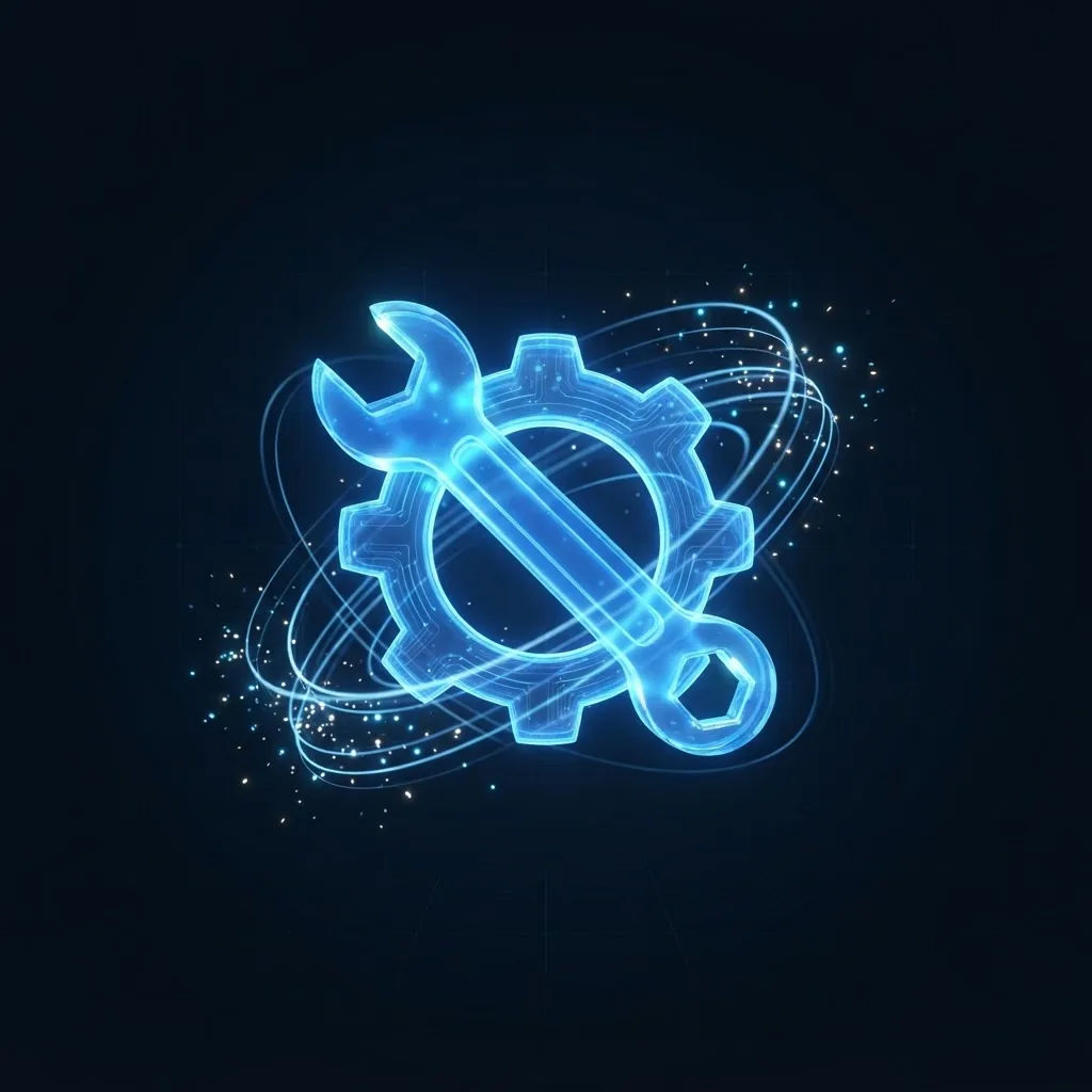Illustrative graphic of a wrench and gear hologram