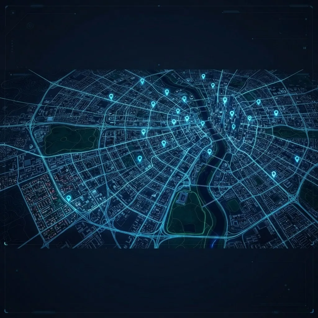 Illustrative aerial city map with location pins and a route line