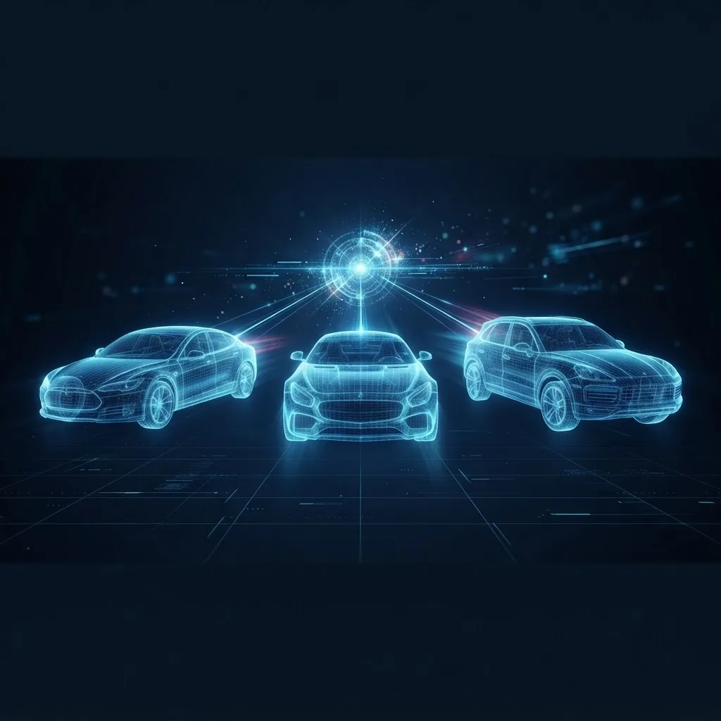 Illustrative graphic of several cars linked to a central data hub
