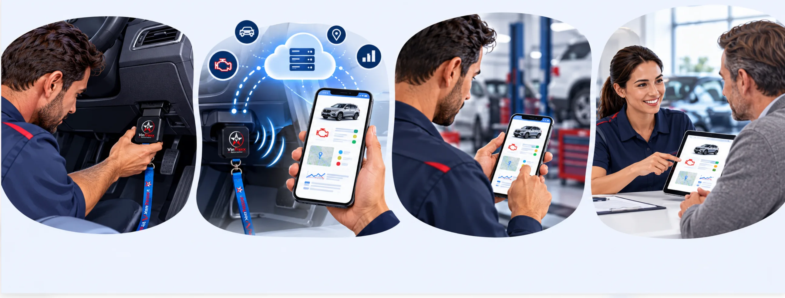 Illustrative photo: a service technician connects the VinTraxx SmartScan device to a vehicle's diagnostic port.